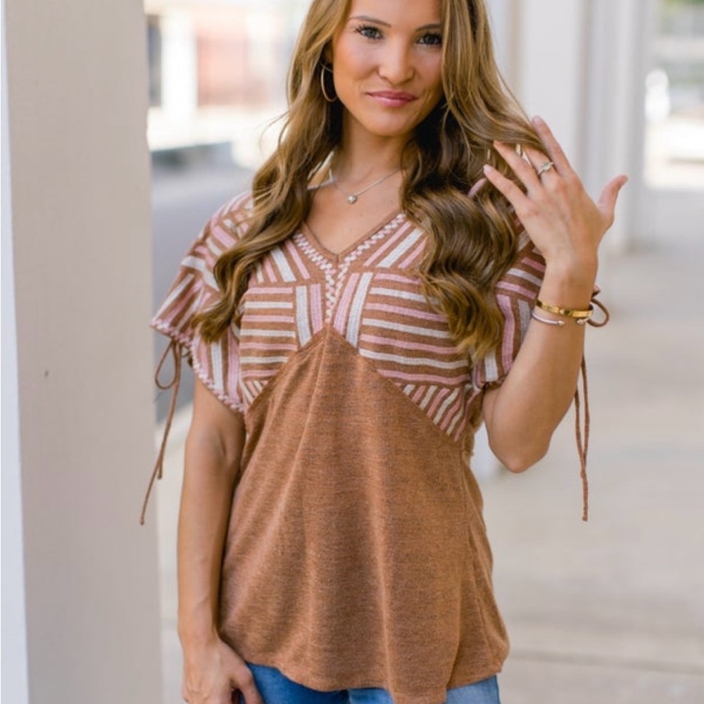 Savanna Jane Amberly Clay Asymmetrical High Low V Neck Blouse